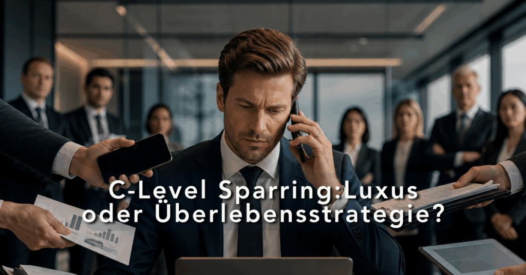 C-Level Sparring für Führungskräfte in der Krise: Ein überlasteter Top-Manager im Fokus von Team und Medien in einer Transformationsphase.